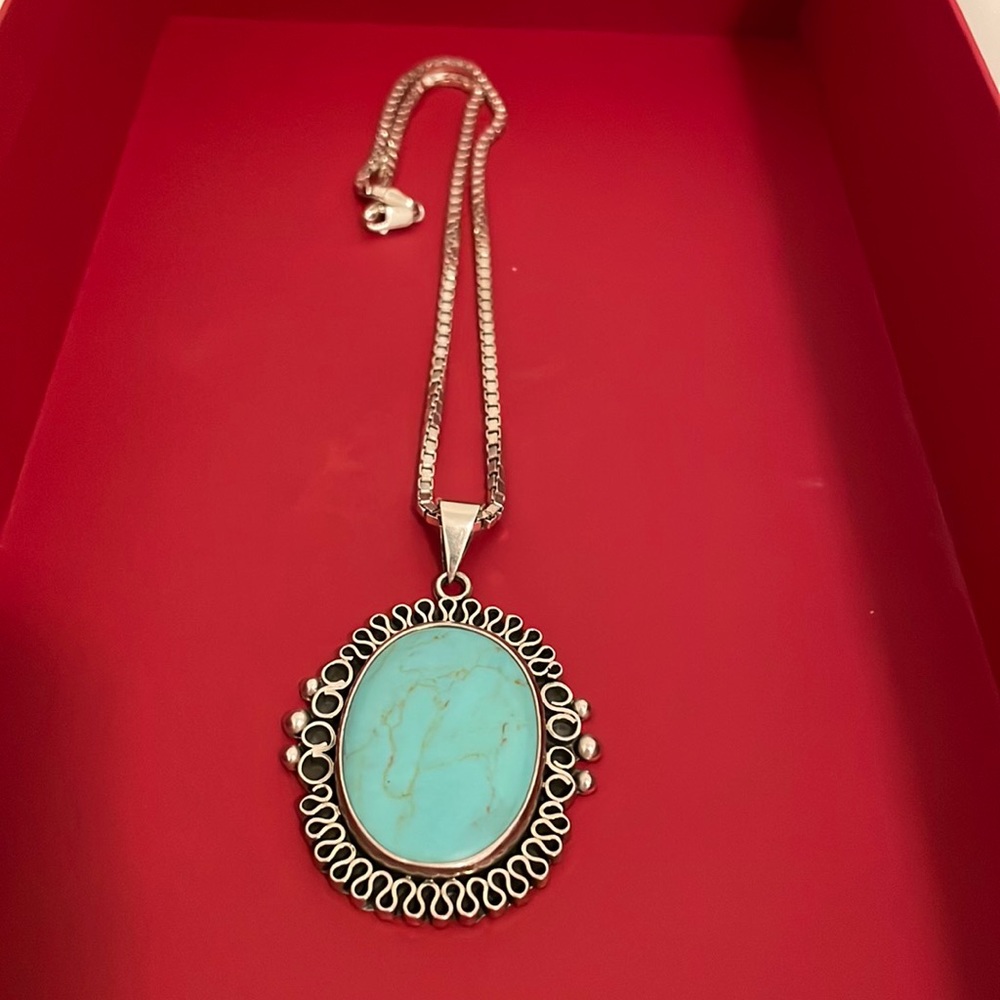 Navajo sterling silver turquoise handmade pendant with chain, Chain abou…
